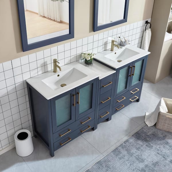Vanity Art Brescia 72 in. W x 18 in. D x 36 in. H Double Sink Bath Vanity in Blue with White Ceramic Top and Mirror