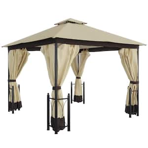 13 ft. x 11 ft. Patio Beige Gazebo Canopy Garden Tent Sun Shade, Outdoor Shelter with 2 Tier Roof, Netting and Curtains