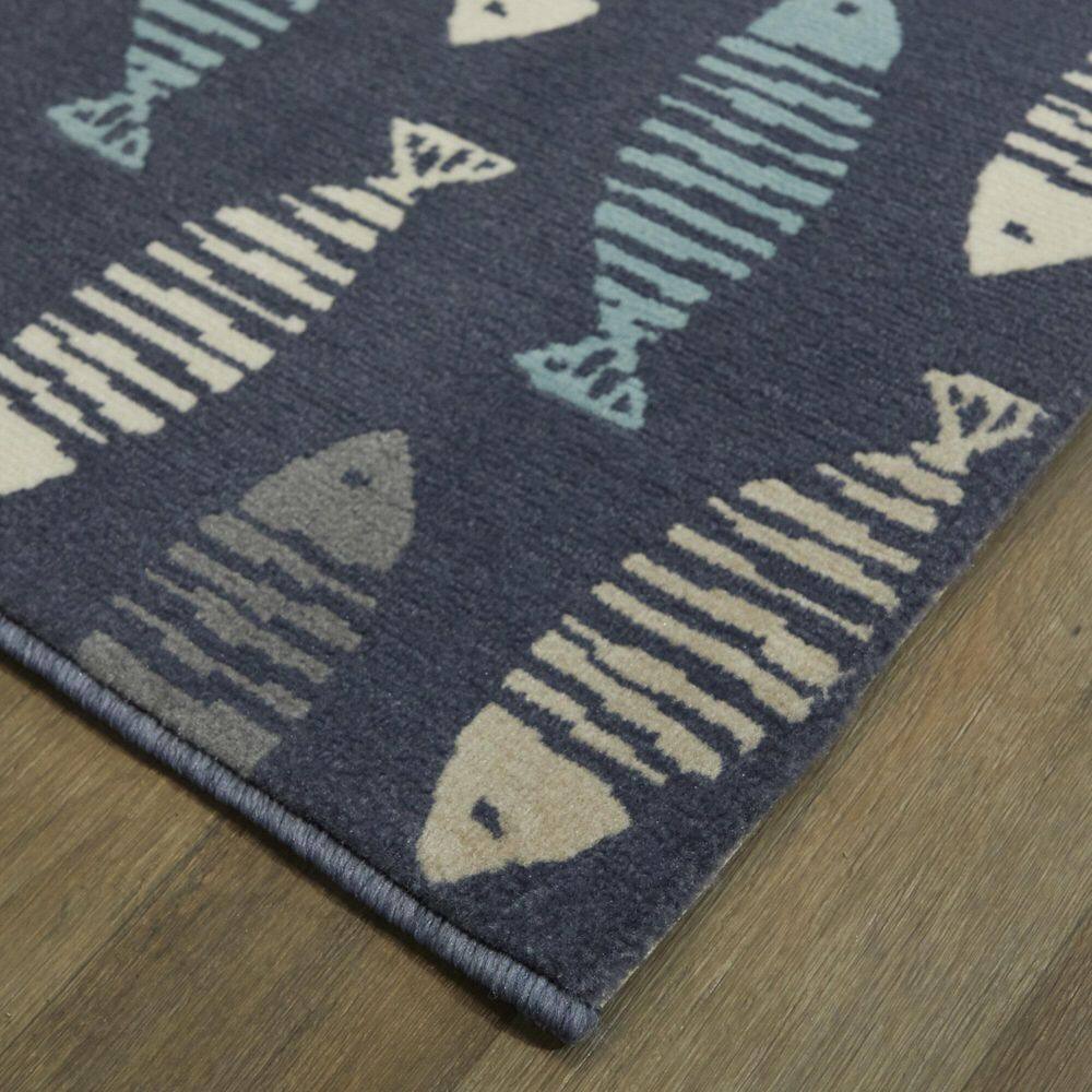 Blue Rectangular Geometric Fish Pattern Synthetic Area Rug