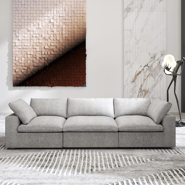 118 in Wide Square Arm Linen 3-Piece Modular Down Cloud Sofa with Removable Sofa Covers in Gray