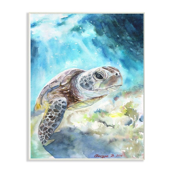 10 in. x 15 in. "Sea Turtle Ocean Blue" by George Dyachenko Wood Wall Art