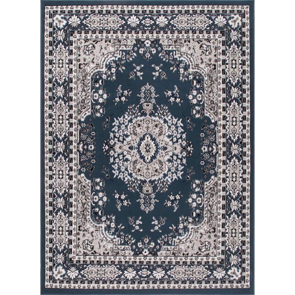 Midnight Blue and Ivory Synthetic Medallion Area Rug