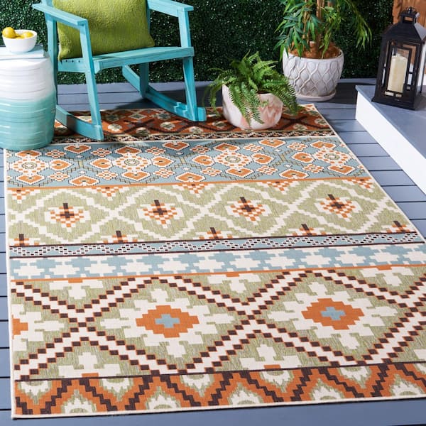 Veranda Green/Terracotta 7 ft. x 7 ft. Square Floral Indoor/Outdoor Patio  Area Rug