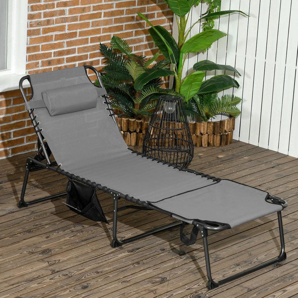 Gray Mesh Folding Outdoor Chaise Lounge with Reclining Backrest