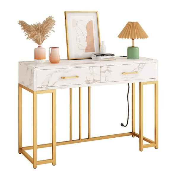 Winado Modern Style 42.52 in. White and Gold Rectangle Marble Grain MDF Console Table with 2-Drawers and Outlet, White & Gold