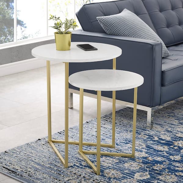 Walker Edison Furniture Company White Faux Marble/Gold 2-Piece Round Nesting End Tables
