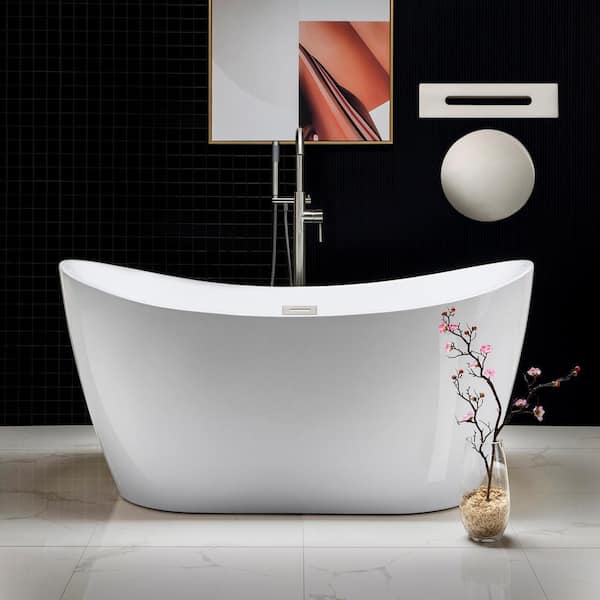 Ladlow 59 in. Acrylic Freestanding Double Slipper Flat Bottom Soaking Bathtub with Drain and Overflow Included in White