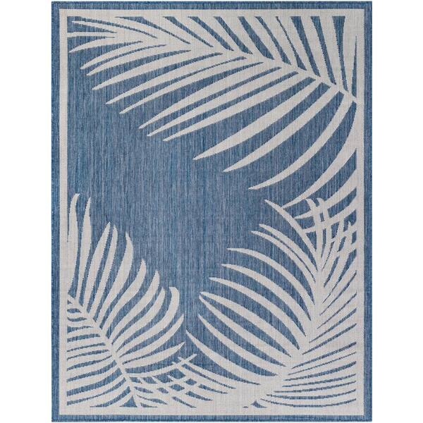 Livabliss Long Beach Blue/Gray Botanical 8 ft. x 10 ft. Indoor/Outdoor Area Rug