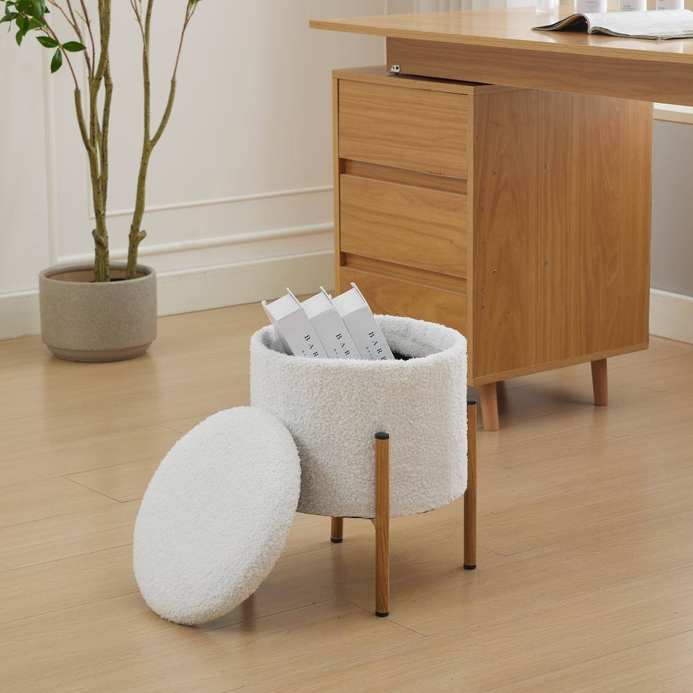 Julian White Modern Upholstered Teddy Fabric Round Storage Ottoman with Removable Lid