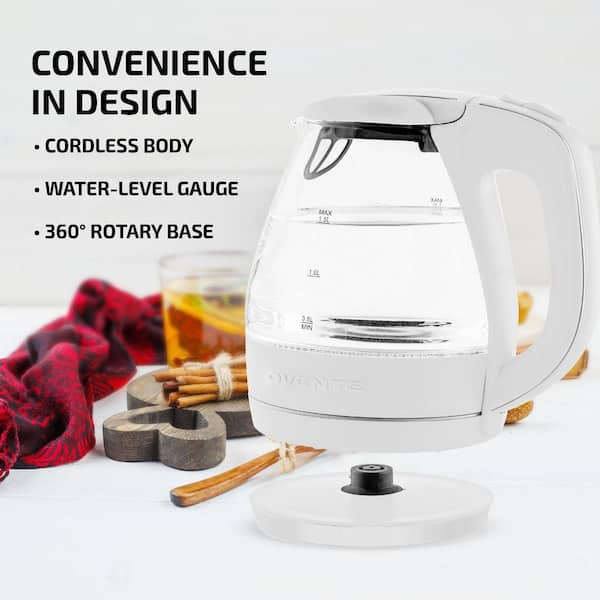 OVENTE Illuminated 6.5-Cup White Electric Kettle with Filter, Fast Heating  and Auto-Shut Off KG83W - The Home Depot