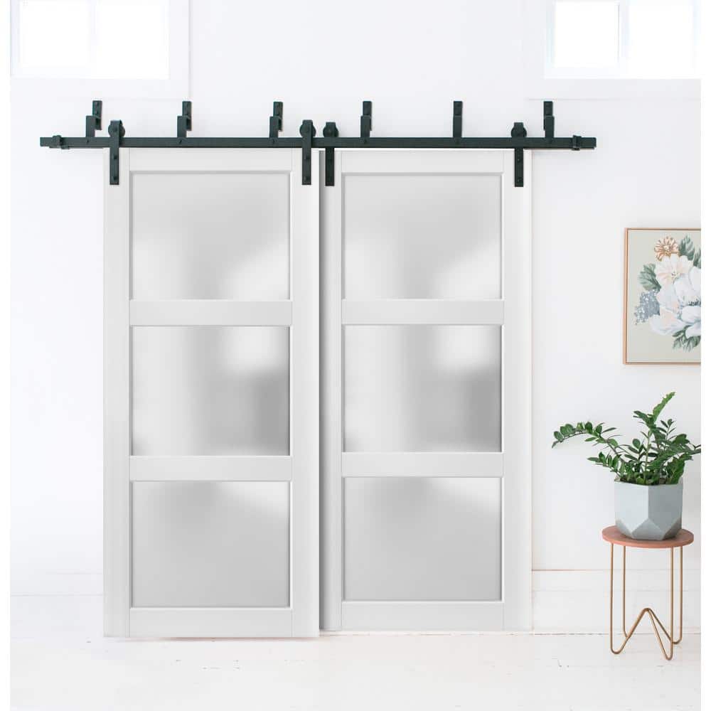 Lucia White Silk Solid Wood Barn Door with Opaque Glass