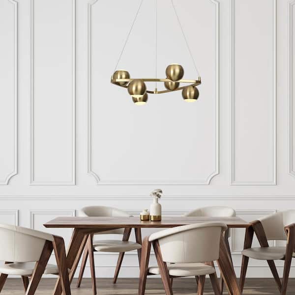 Macue Modern Globe Pendant Light, 6-Light Integrated LED Brass Gold Chandelier Lighting, Farmhouse Light Fixture