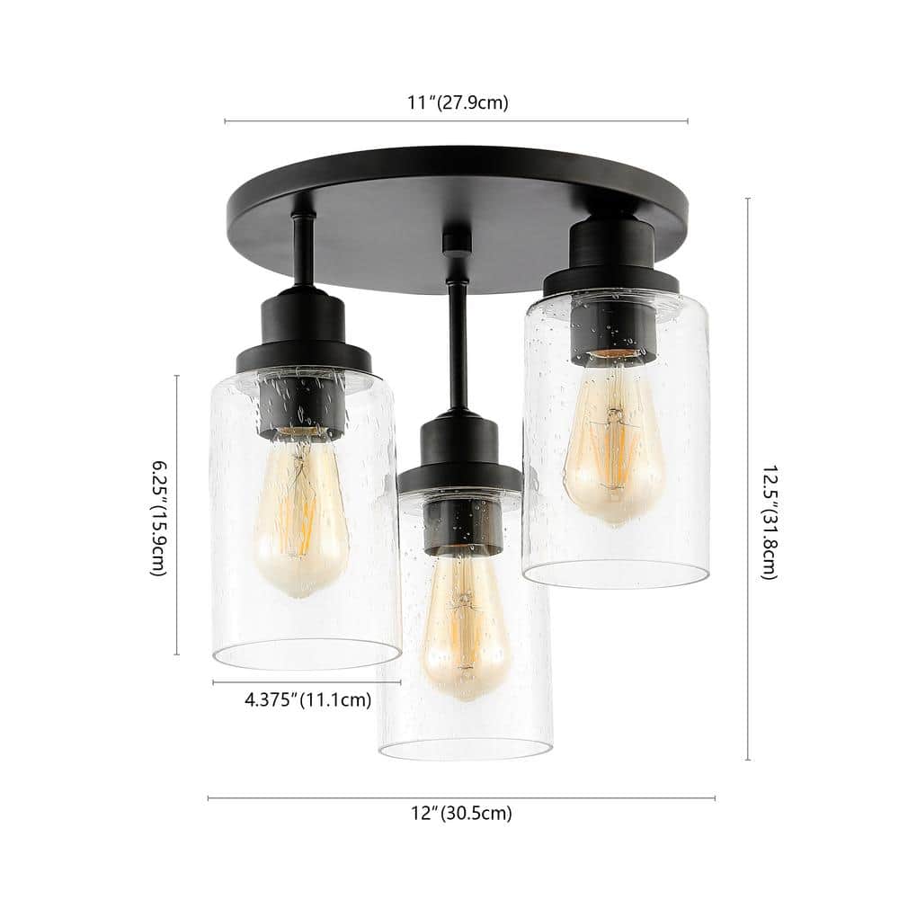 Black Iron and Seeded Glass 3-Light LED Semi Flush Mount