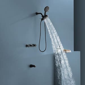 3-Handle 7-Spray Patterns 3.5 GPM 5 in. Wall Mount Dual Shower Heads and High Flow Spout in Matte Black (Valve Included)