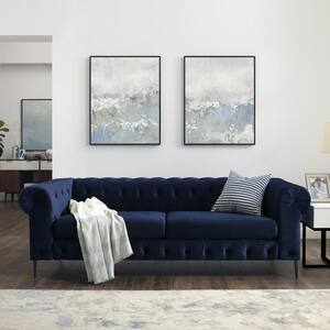 Emily 90.5 in. W Rolled Arm Velvet Mid-Century 3-Seat Straight Sofa with Metal Legs in Dark Blue