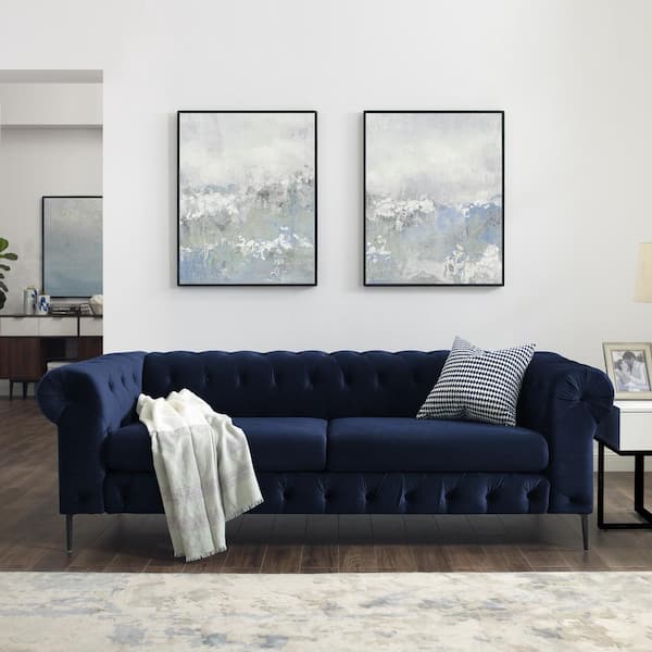 MINIMORE Emily 90.5 in. W Rolled Arm Velvet Mid-Century 3-Seat Straight Sofa with Metal Legs in Dark Blue