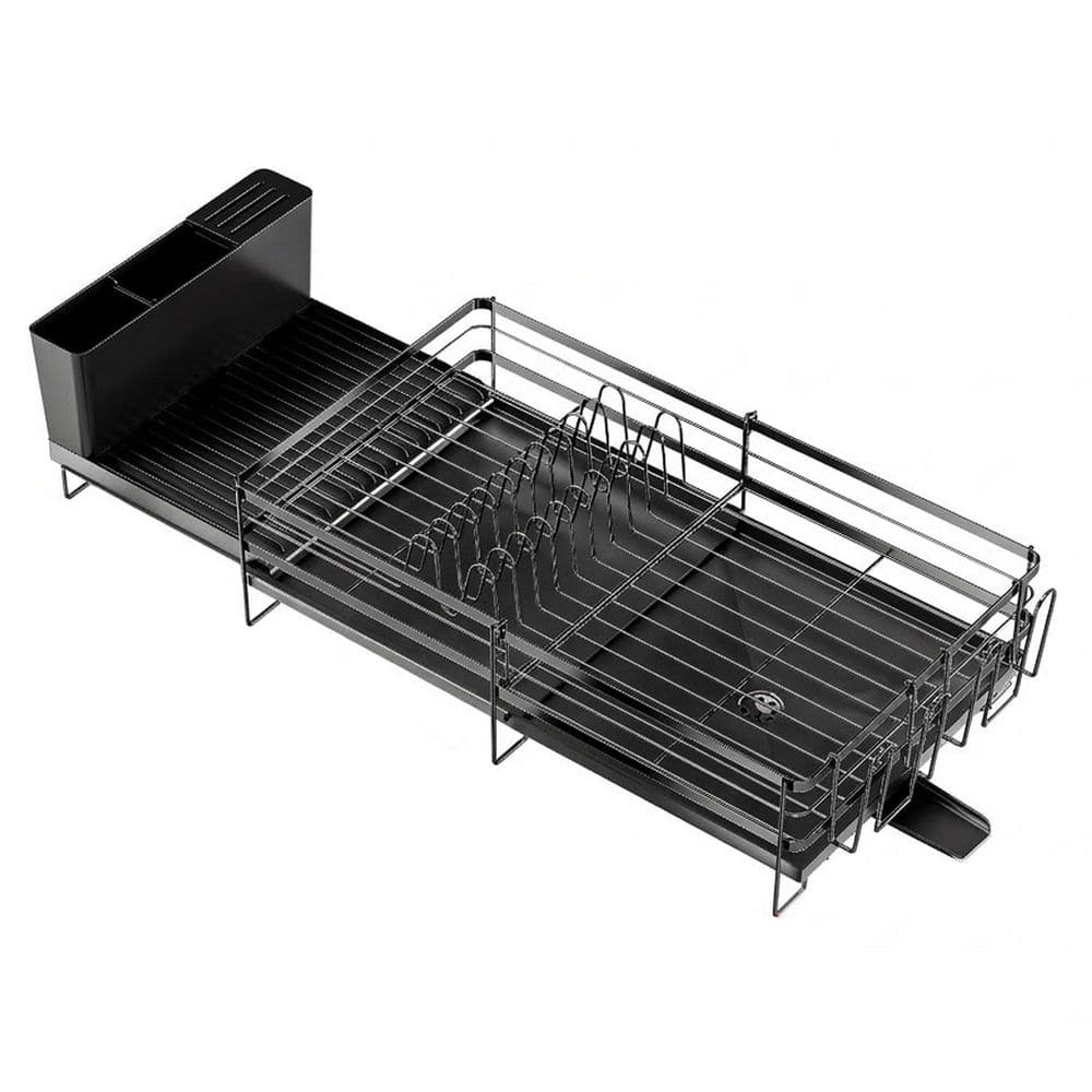 Black Expandable Kitchen Dish Rack with Drainboard