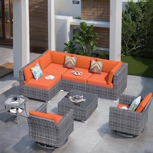 Artemis Gray 8-Piece Wicker Patio Conversation Seating Sofa Set with Orange Red Cushions and Swivel Rocking Chairs
