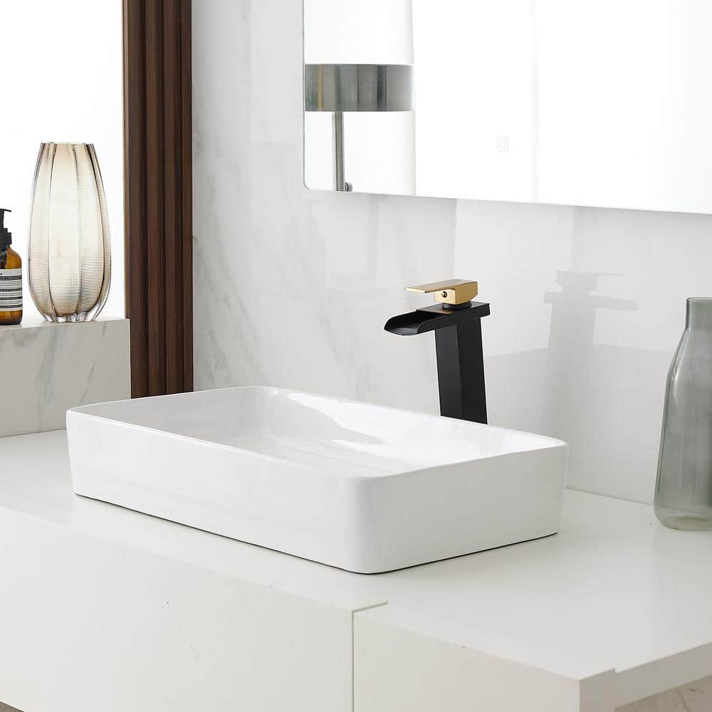 Matte Black and Gold Single Handle Waterfall Vessel Faucet