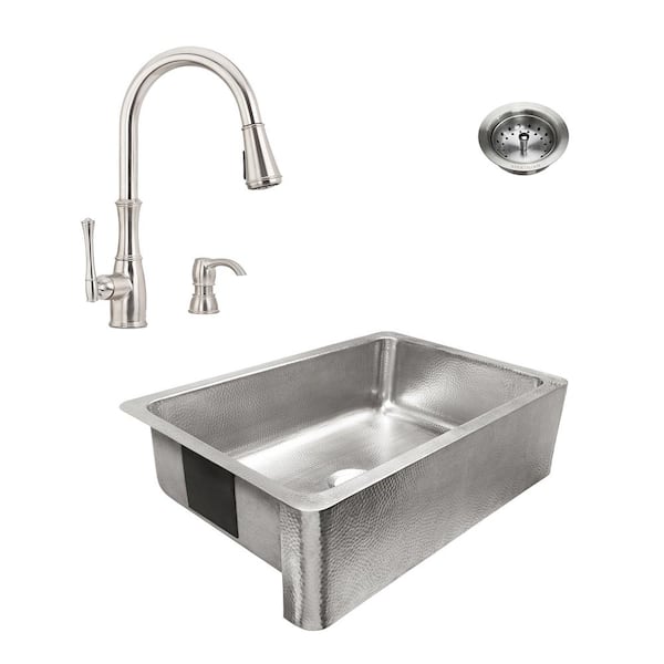 SINKOLOGY Percy All-in-One Brushed Stainless Steel 32 in. Single Bowl Farmhouse Apron Kitchen Sink with Pfister Faucet and Drain