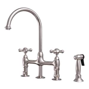 Harding Two Handle Bridge Kitchen Faucet with Sidespray and Cross Handles in Brushed Nickel