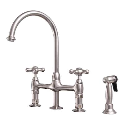 Harding Two Handle Bridge Kitchen Faucet with Sidespray and Cross Handles in Brushed Nickel