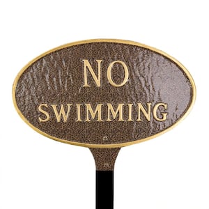 6 in. x 10 in. Small Oval No Swimming Statement Plaque Sign with Lawn Stake - Hammered Bronze