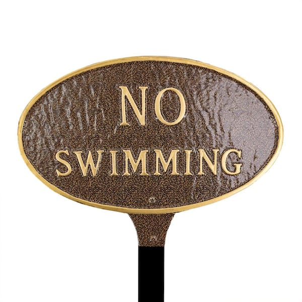 Montague Metal Products 6 in. x 10 in. Small Oval No Swimming Statement Plaque Sign with Lawn Stake - Hammered Bronze