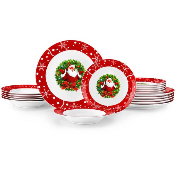 18 Piece Porcelain Santa Claus Red Dinnerware Set for Christmas Festive Holiday and Family Gatherings, Service for 6