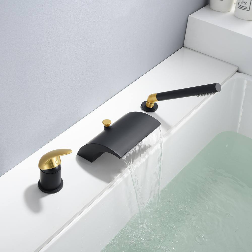 Black and Gold Stainless Steel Waterfall Tub Faucet with Hand Shower