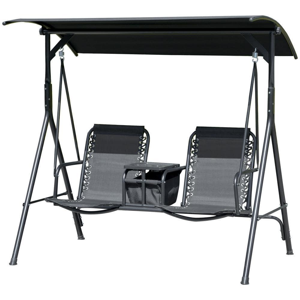 Tenleaf 2-Person Black Metal Patio Swing with Gray Bungie Seat Suspension, Pivot Storage Table, Cup Holder, Adjustable Shade