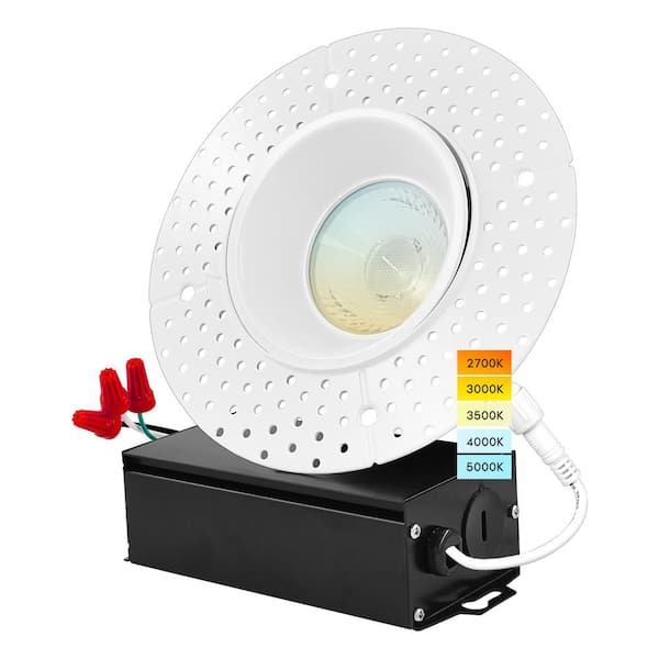 LUXRITE 4 in. Trimless LED Recessed Light J-Box 5 Color Selectable 2700K-5000K Plaster Downlight 1000 Lumens Dimmable Wet Rated