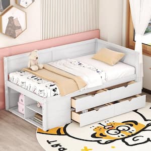 White Wood Frame Twin Size Daybed with Under-Bed Shelves, 4-Storage Drawers