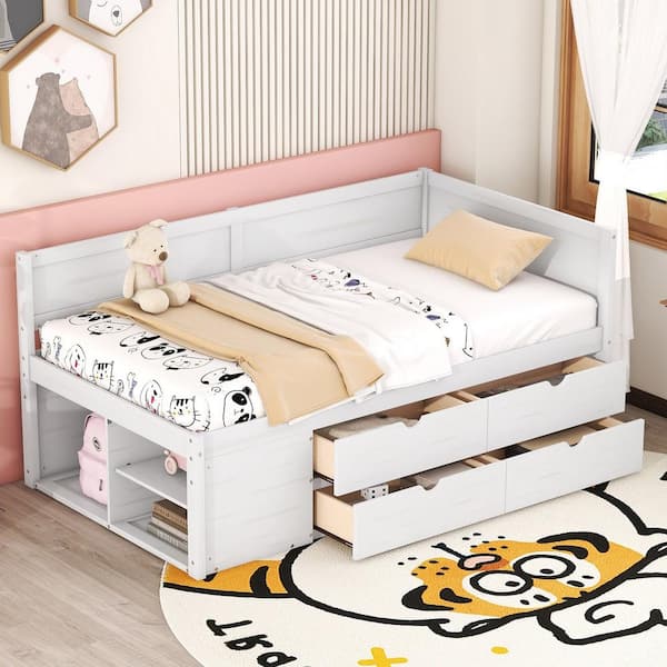 Harper & Bright Designs White Wood Frame Twin Size Daybed with Under-Bed Shelves, 4-Storage Drawers