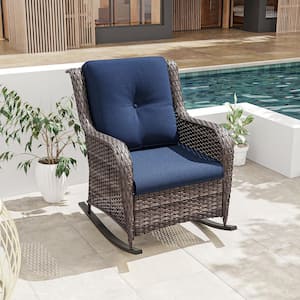 Wicker Outdoor Patio Rocking Chair with Blue Cushion