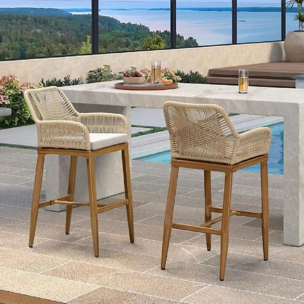 Modern Aluminum Rattan Bar Height Outdoor Bar Stool with Back and Beige Cushion (2-Pack)