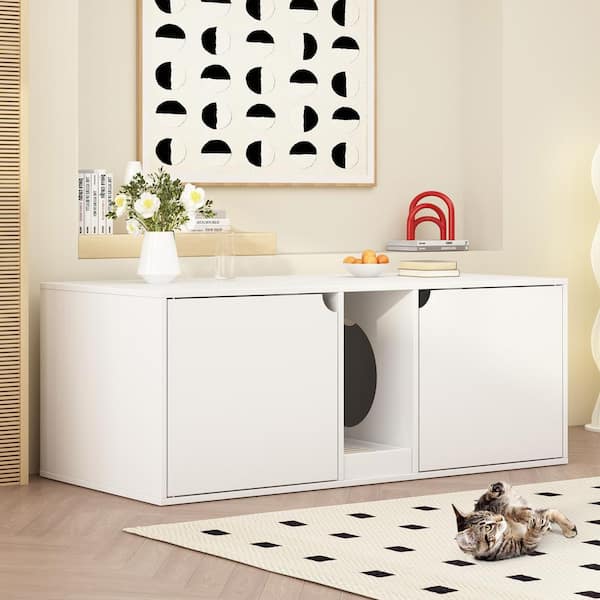 White Hidden Cat Litter Box Enclosure Furniture, Indoor Wooden Cat Washroom End Table with Double Room and Litter Catch