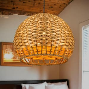 Eleanor 60-Watt 1-Light Modern Farmhouse Brown Woven Rattan Dome Pendant Light with Handwoven Bamboo Rattan Globe Shade