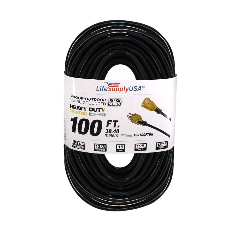 12/3 100 ft. SJTW 15 Amp, 125-Volt 1875-Watt Lighted End Indoor/Outdoor Black Heavy-Duty Extension Cord