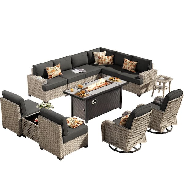 Reverie 13 Pieces Wicker Outdoor Patio Rectangular Fire Pit Set and Swivel Rocking Chairs with Black Cushions