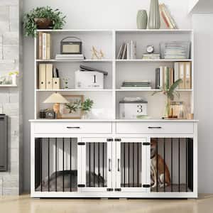 Dog House Furniture Style Dog Crate Storage Cabinet, Indoor Wood 6-Shelf Bookcase Bookshelf with Large Dog Crate, White
