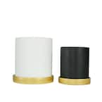 4.3 in. Dia and 5.7 in. Dia White and Black Ceramic Flower Pots with Drain Hole and Saucer (2-Pack)