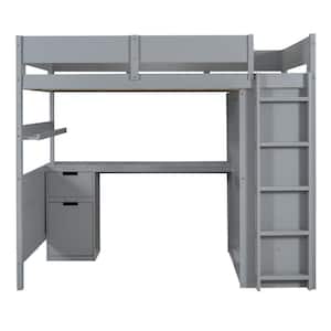 Gray Full Size Loft Bed with Wardrobe, Desk, Drawers and Shelves