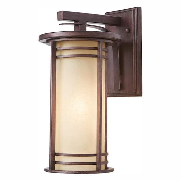 Home Decorators Collection 15 in. 1-Light Bronze Outdoor Wall Lantern Sconce with Amber Glass