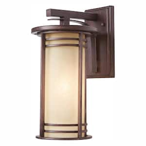 15 in. 1-Light Bronze Outdoor Wall Lantern Sconce with Amber Glass