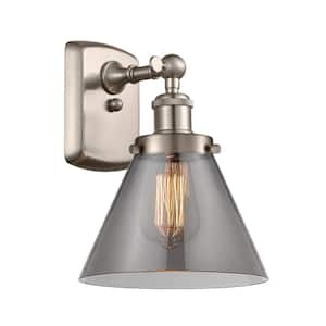 Ballston Urban Cone 8 in. 1-Light Brushed Satin Nickel Wall Sconce with Plated Smoke Glass Shade