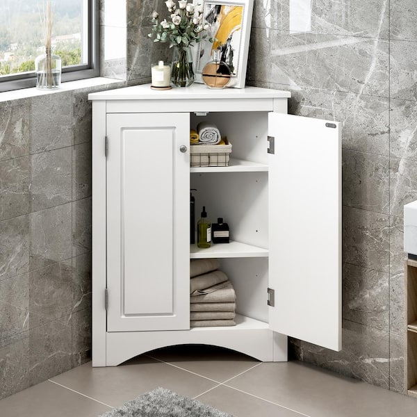Virubi Triangle 23.6 in. W x 17.2 in. D x 31.5 in. H White Freestanding Linen Cabinet with Adjustable Shelves