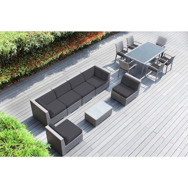 Ohana Gray 14-Piece Wicker Patio Conversation Set with Stackable Dining Chairs and Sunbrella Coal Cushions