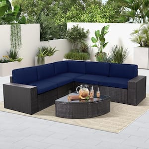 Brown 6-Piece Wicker Outdoor Sectional Set with Dark Blue Cushions and Wedge Table