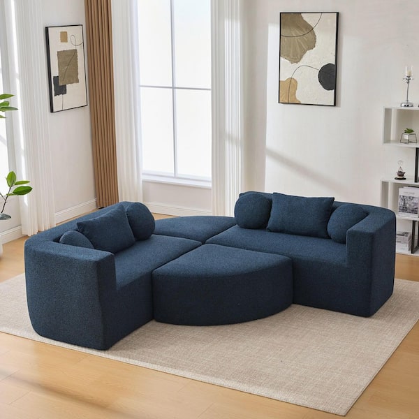 115 in Wide Straight Arm Cotton U-shaped Modular Sectional Sofa in Blue Free-combined Couch Sofa Bed Compression Sofa